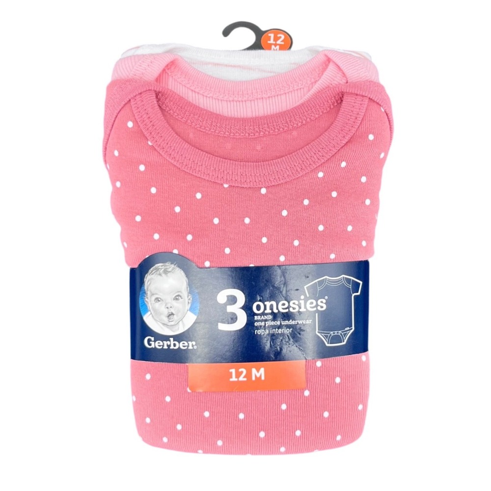 Gerber Onesies Bodysuits Baby Girl 12M Pink White Polka Dot 3 Pack Short Sleeve
